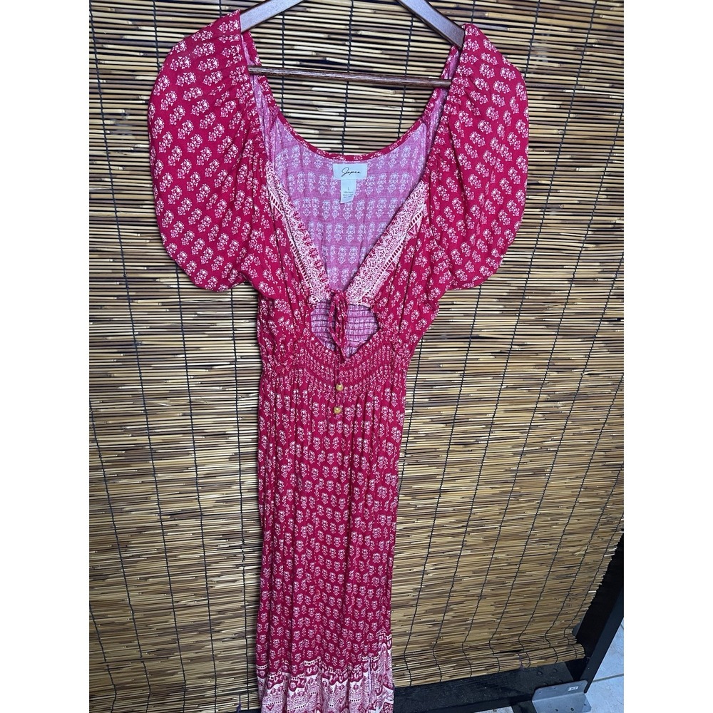 Japre PinkBoho Floral Print Puff Sleeve Maxi Dress Cutout Smocked Womens Large L